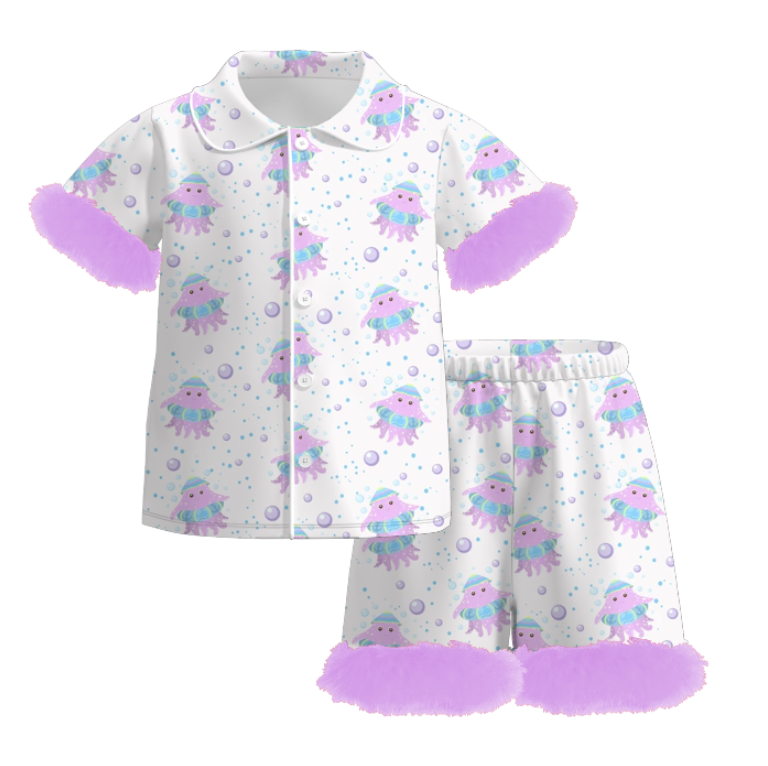 Girls Summer Lavender Octopus Print Soft Fur Short Set Pajamas