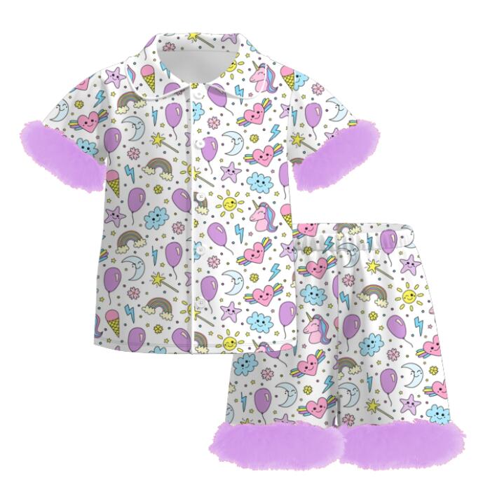 Girls Summer Lavender Unicorn Moon Heart Print Soft Pajamas Set