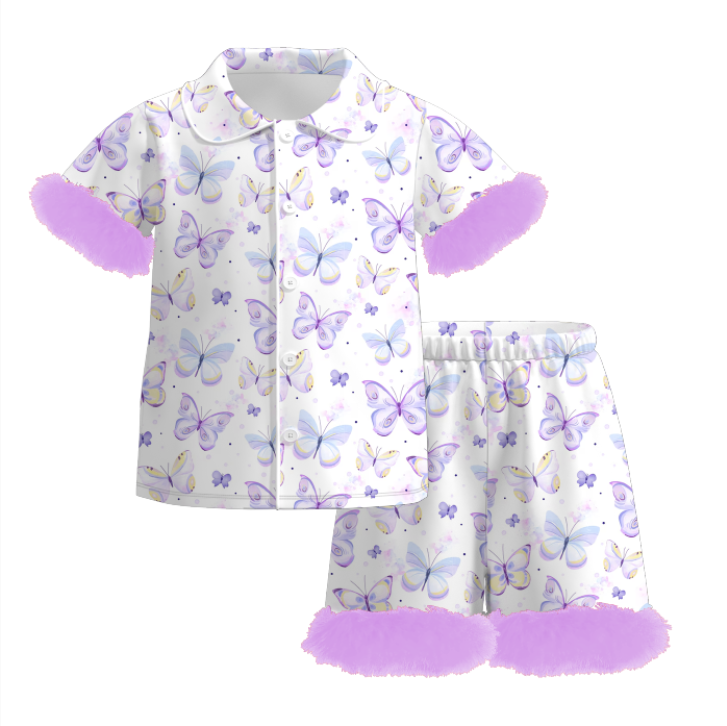 Girls Summer Lavender Butterfly Print Soft Pajamas Short Set