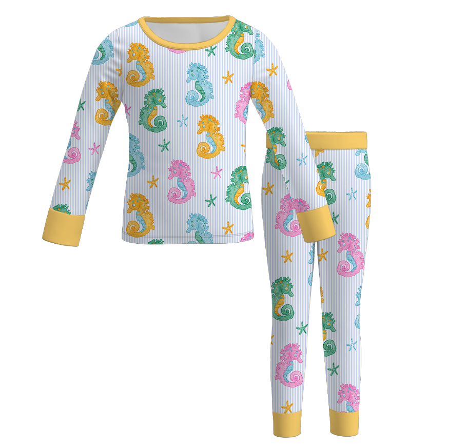 Girls Long Sleeves Yellow Seahorse Soft Pajamas Set
