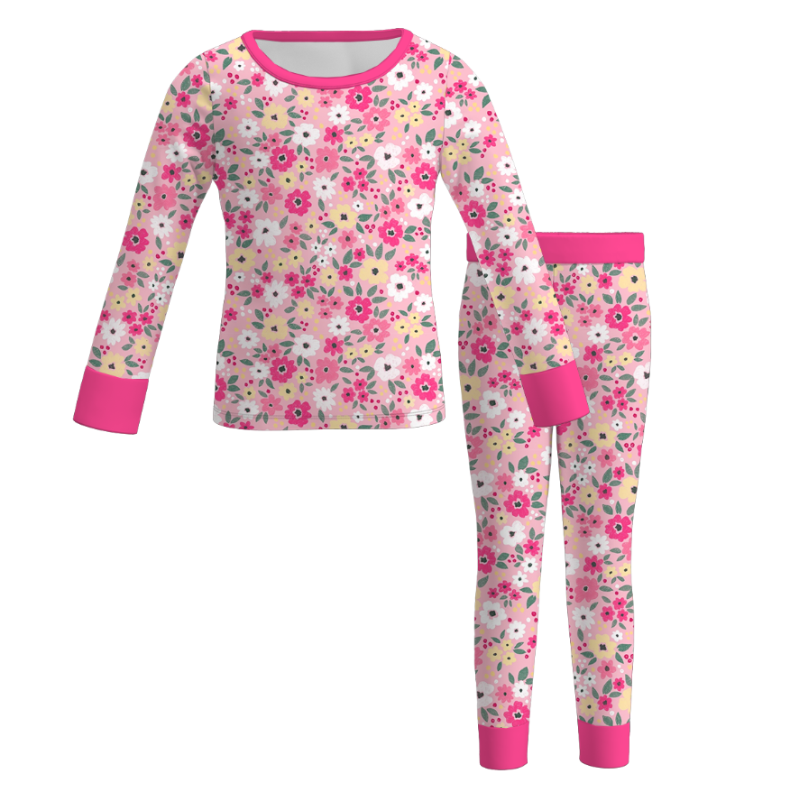 Girls Long Sleeves Hot Pink Floral Soft Pajamas Set