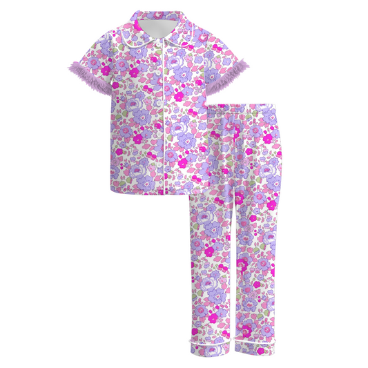 Mommy And Me Fall Purple Floral Cozy Fur Pajamas Set