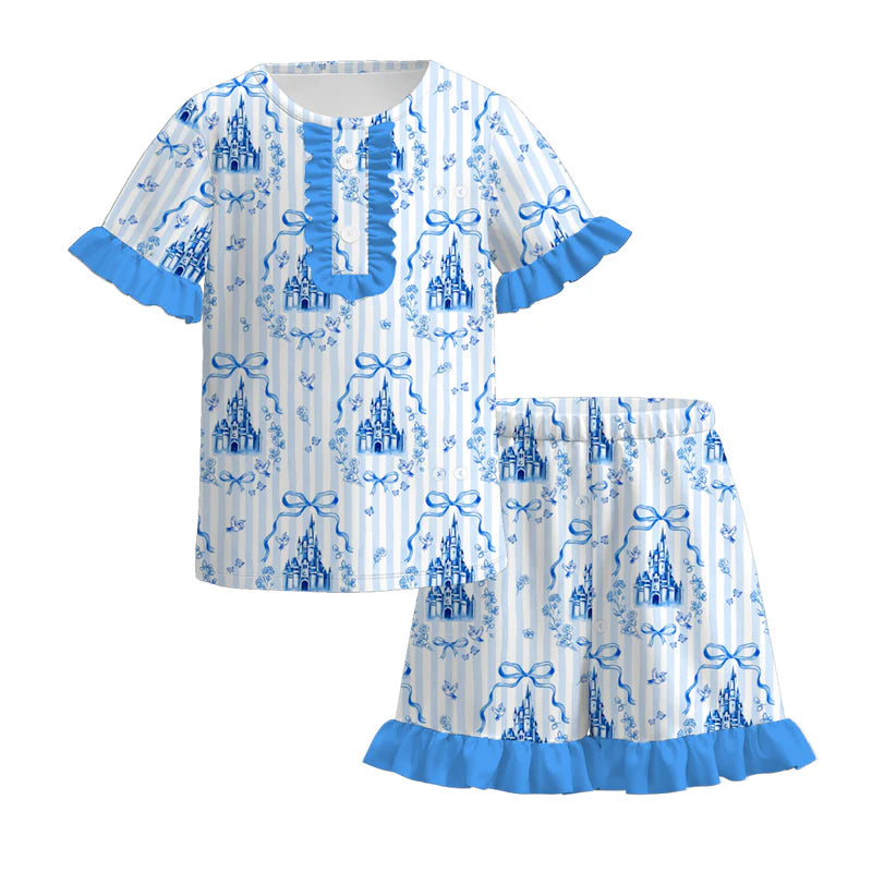 Girls Summer Fall Pink Blue Castle Bow Print Dress & Pajamas Set