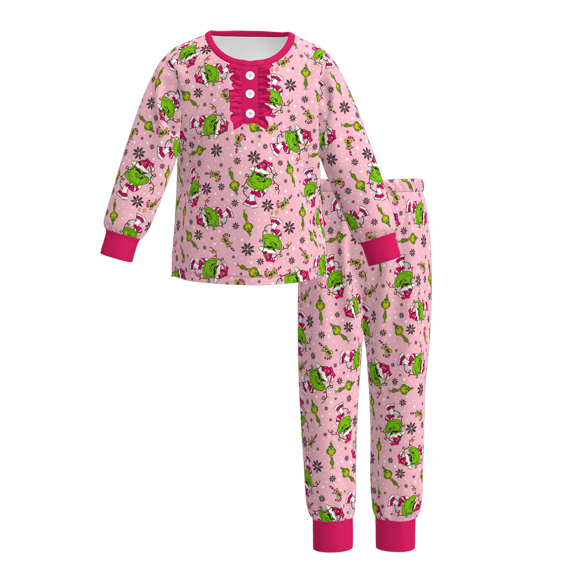 Christmas Kids Matching Pamajams Outfits – Pink Grinch Print Set