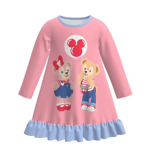 Girls Cartoon Bear Labubu Fall Winter Pajamas Dress Sleepwear