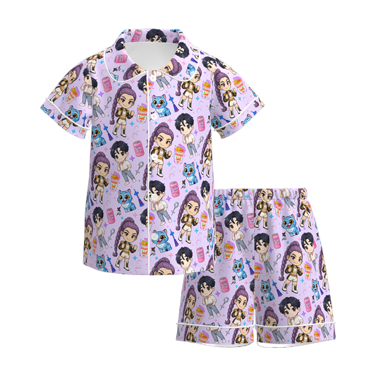 Girls Soft Kpop Demon Hunter Print Pajamas Short Set