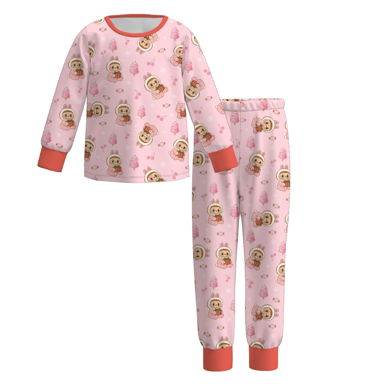 Girls Fall Winter Pink Cartoon Print Cozy Pajamas Set
