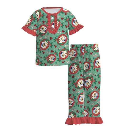 Girls Christmas Cartoon Santa Print Pajamas Set