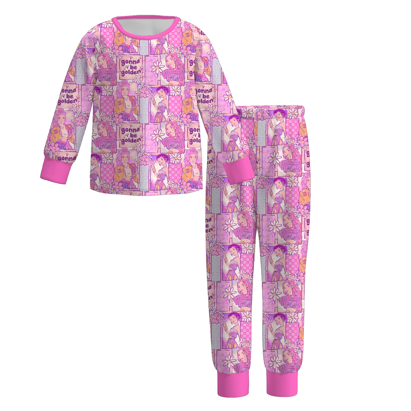 Girls Kpop Demon Hunter Print Long Sleeves Pajamas Set