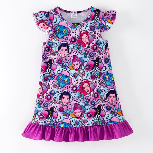 Girls Summer K-Pop Demon Hunter Soft Ruffled Pajamas Dress