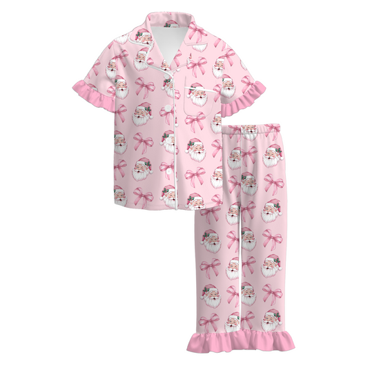 Girls Pink Christmas Santa & Bow Collection – Holiday Pajama Set, Dress & Shorts Set
