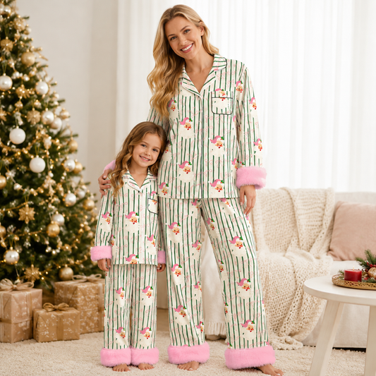 Girls Christmas Pajama Set – Holiday Print Button-Up Sleepwear with Fuzzy Trim