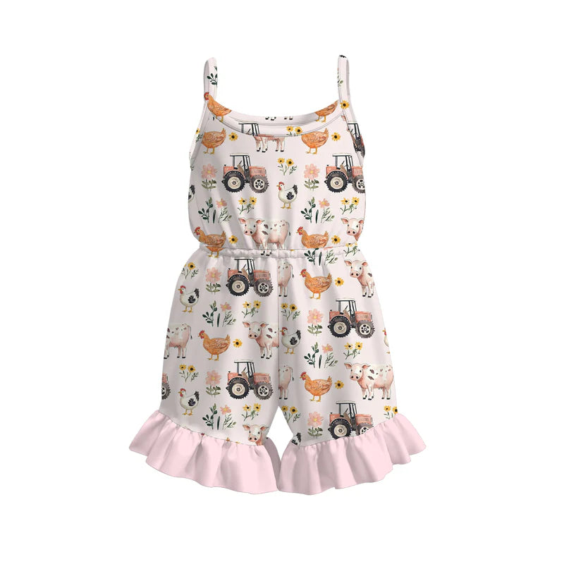 Girls Summer Farm Chick Tractor Print Pink Ruffled Jumpsuit