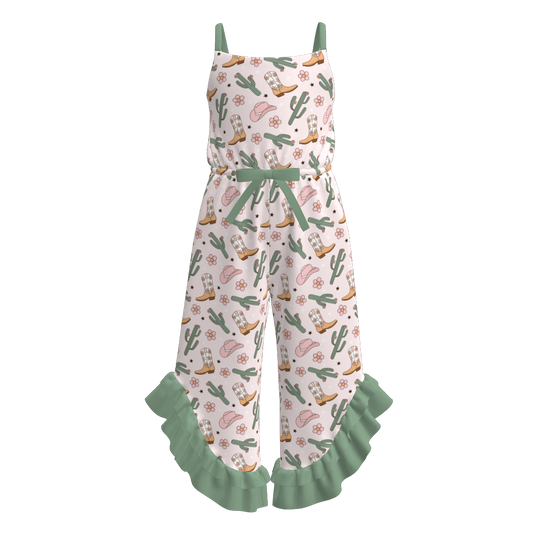 Girls Summer Wild Cactus Boots Print Slip Ruffled Jumpsuit