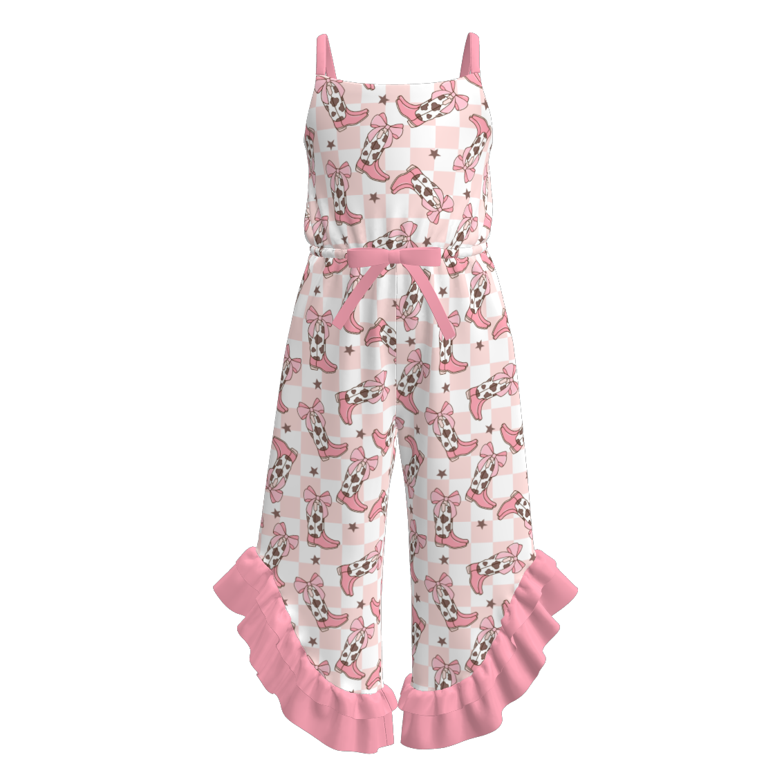 Girls Summer Wild Cactus Boots Print Slip Ruffled Jumpsuit