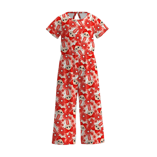 Girls Spring Summer LABUBU Print Short Sleeves Jumpsuit