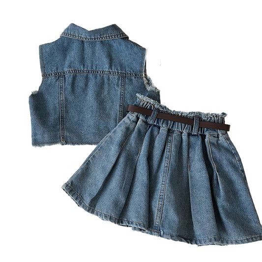 Denim Vest and Pleated Skirt Set for Girls Belt and Pockets