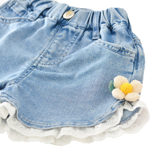 Girls' Summer Denim Shorts With Lace And Flower Detail
