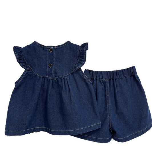 Girls Ruffle Sleeveless Denim Set Summer Fall Outfit Two Piece