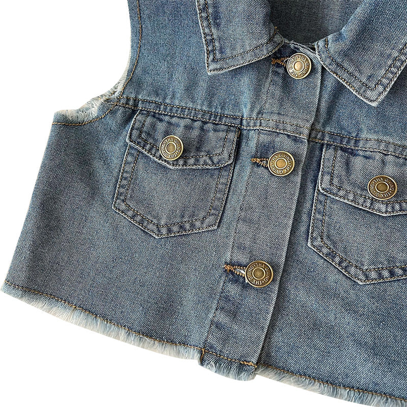 Denim Vest and Pleated Skirt Set for Girls Belt and Pockets
