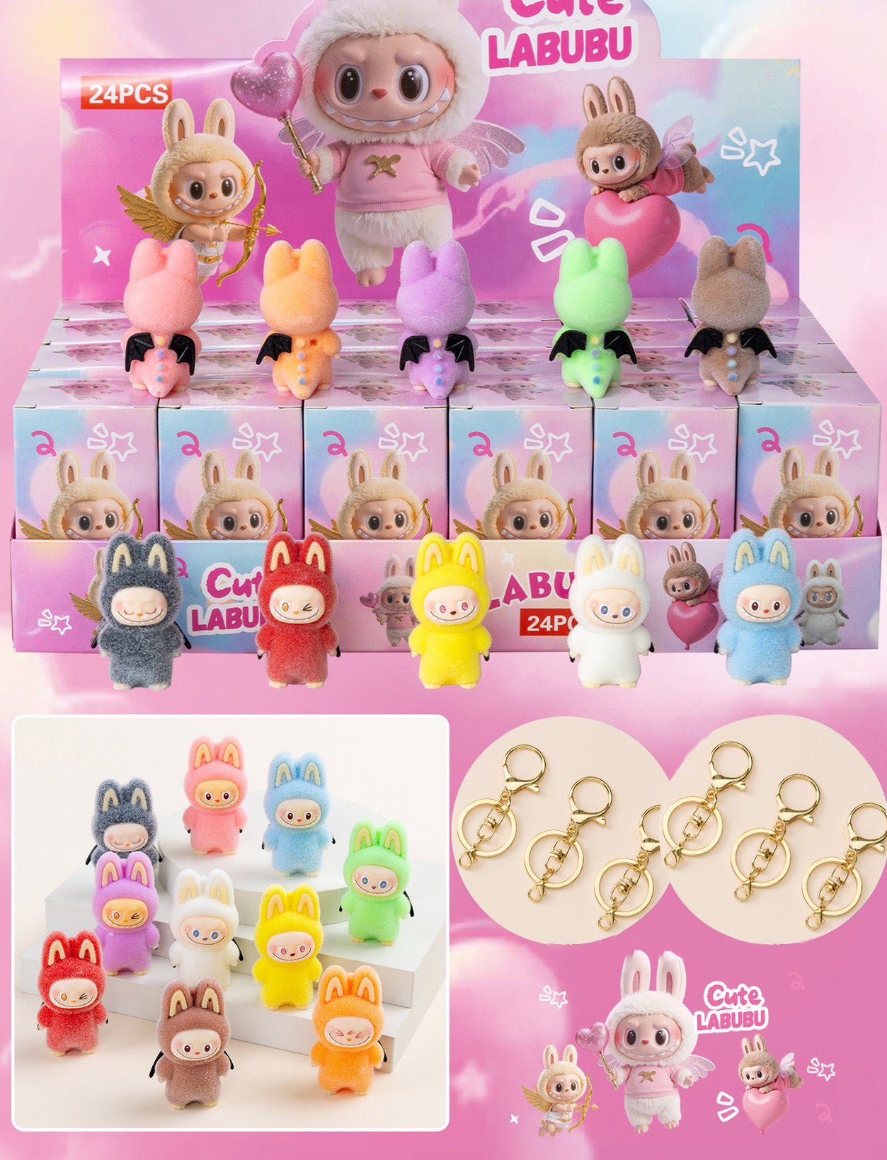 Labubu Flocked Vinyl Figure Collectible Toy Blind Box Surprise Trendy Desk Decor 24pcs