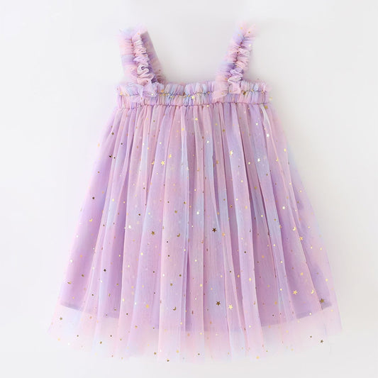 Girls Rainbow Tulle Dress Gold Stars Sparkly Fairy Style