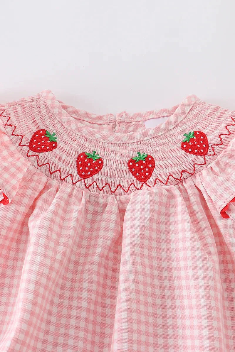 Girls Summer Strawberry Smocking Bubble Romper