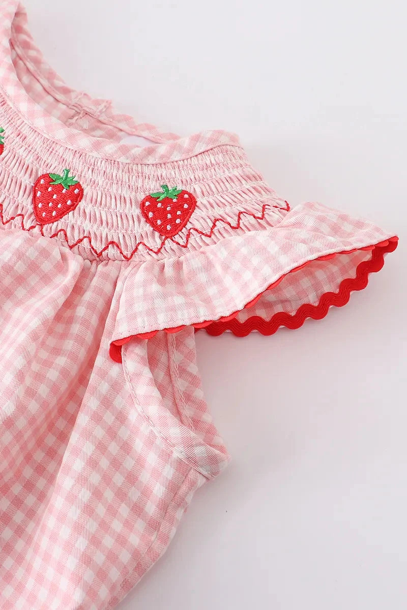 Girls Summer Strawberry Smocking Bubble Romper