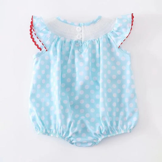Baby Kids Sea Themed Embroidery Smocked Blue Dot Romper