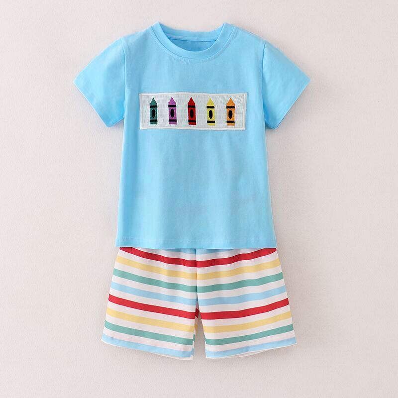 Boys Back To School Blue Pencil Smocked Short Set