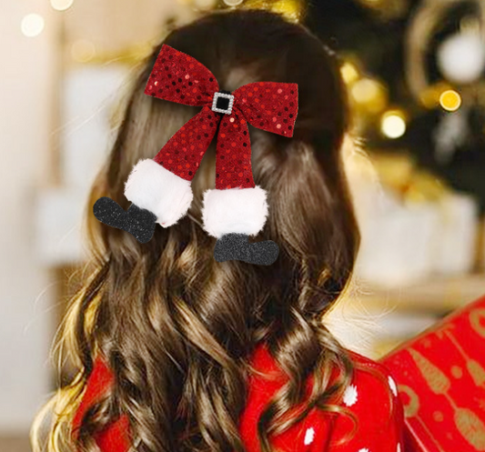 Girls Christmas 2025 Hair Clips – Red Sequin Bow & Pom-Pom with Santa Boot Design