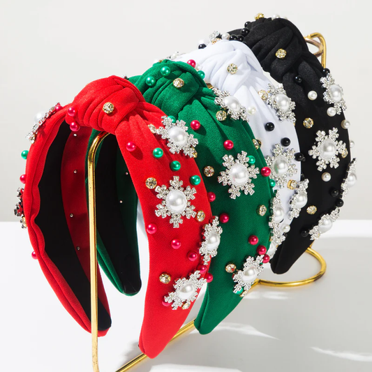 2025 Christmas Stylish Snowflake Rhinestones Pearl Knot Headband Hair Accessory