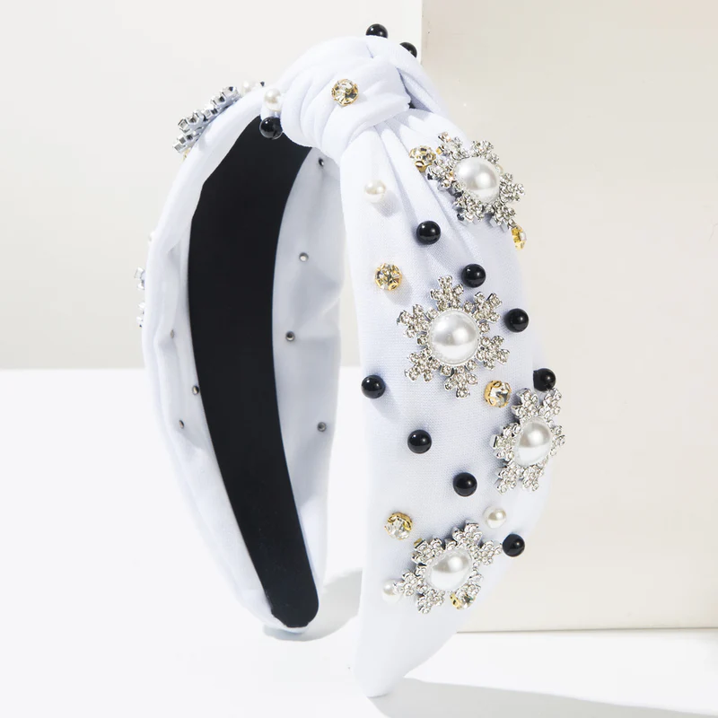 2025 Christmas Stylish Snowflake Rhinestones Pearl Knot Headband Hair Accessory
