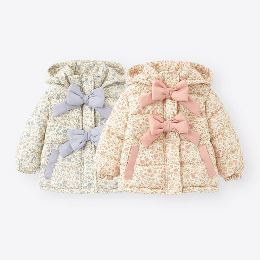 New Winter Girls’ Floral Hooded Coat with Bow, Thick Fleece-Lined Warm Jacket for Kids