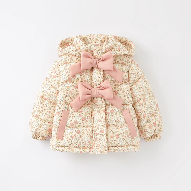 New Winter Girls’ Floral Hooded Coat with Bow, Thick Fleece-Lined Warm Jacket for Kids