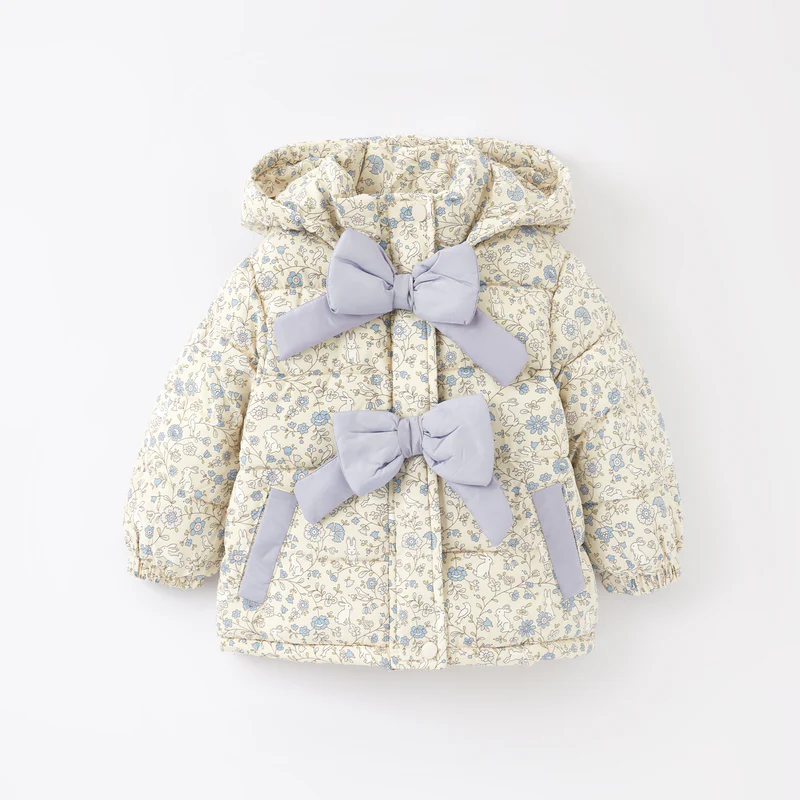 New Winter Girls’ Floral Hooded Coat with Bow, Thick Fleece-Lined Warm Jacket for Kids