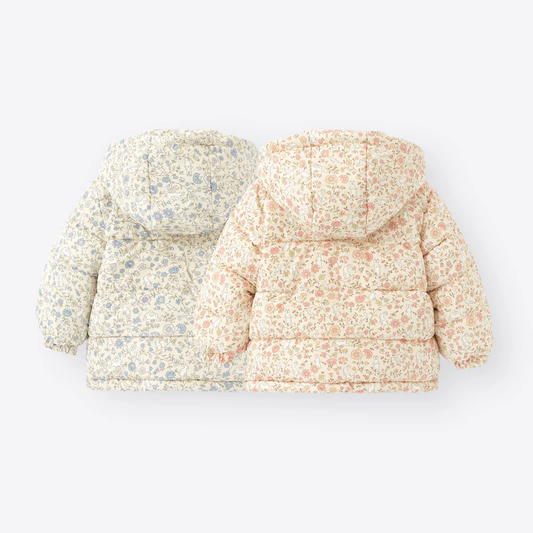 New Winter Girls’ Floral Hooded Coat with Bow, Thick Fleece-Lined Warm Jacket for Kids