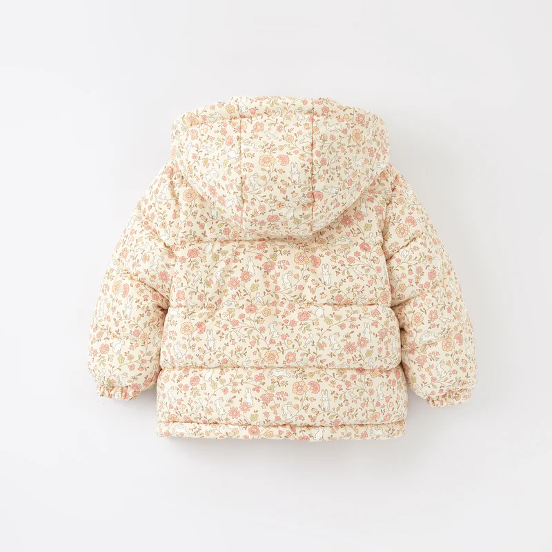 New Winter Girls’ Floral Hooded Coat with Bow, Thick Fleece-Lined Warm Jacket for Kids