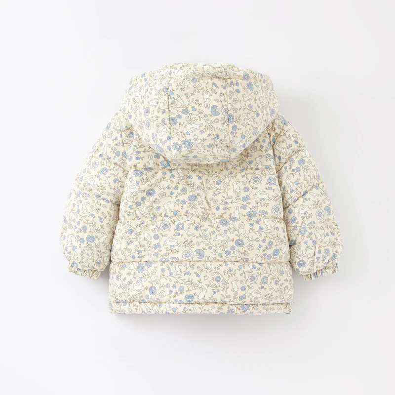 New Winter Girls’ Floral Hooded Coat with Bow, Thick Fleece-Lined Warm Jacket for Kids