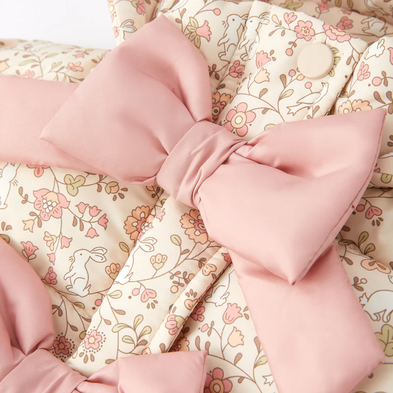 New Winter Girls’ Floral Hooded Coat with Bow, Thick Fleece-Lined Warm Jacket for Kids