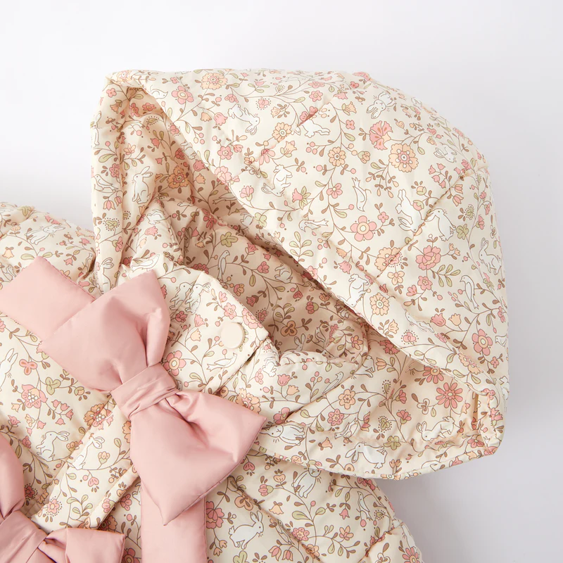 New Winter Girls’ Floral Hooded Coat with Bow, Thick Fleece-Lined Warm Jacket for Kids