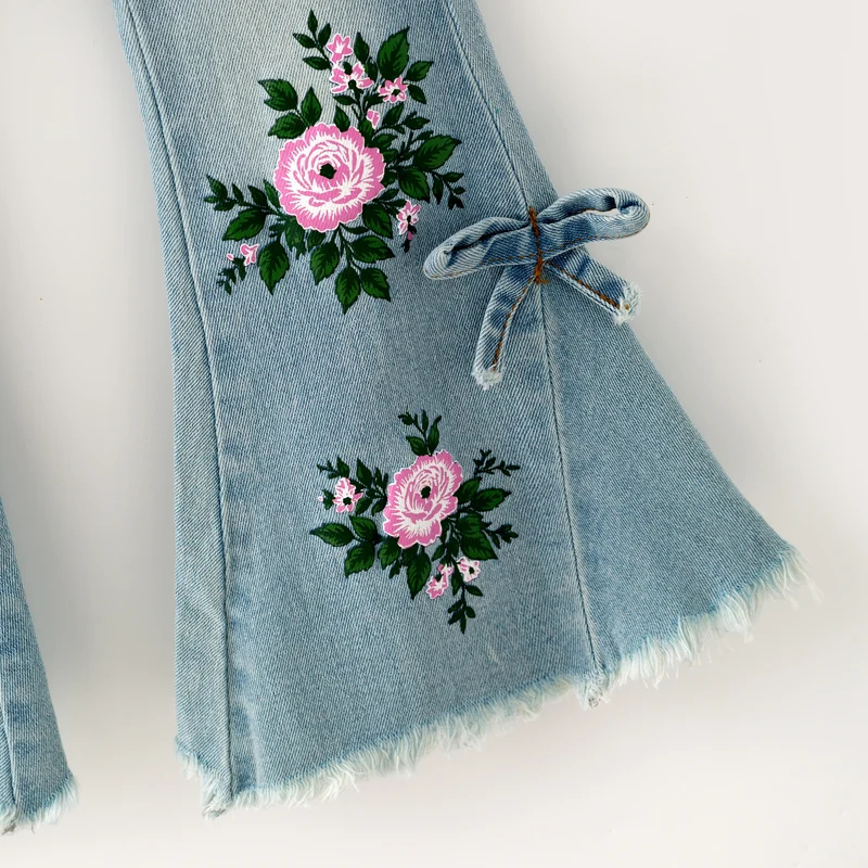 Girls Flare Jeans – Boutique Denim Bell Bottom Pants with Bow, Floral, Rhinestone & Distressed Details