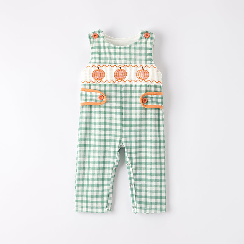 Baby Boy Halloween Pumpkin Embroidery Green Plaid Romper