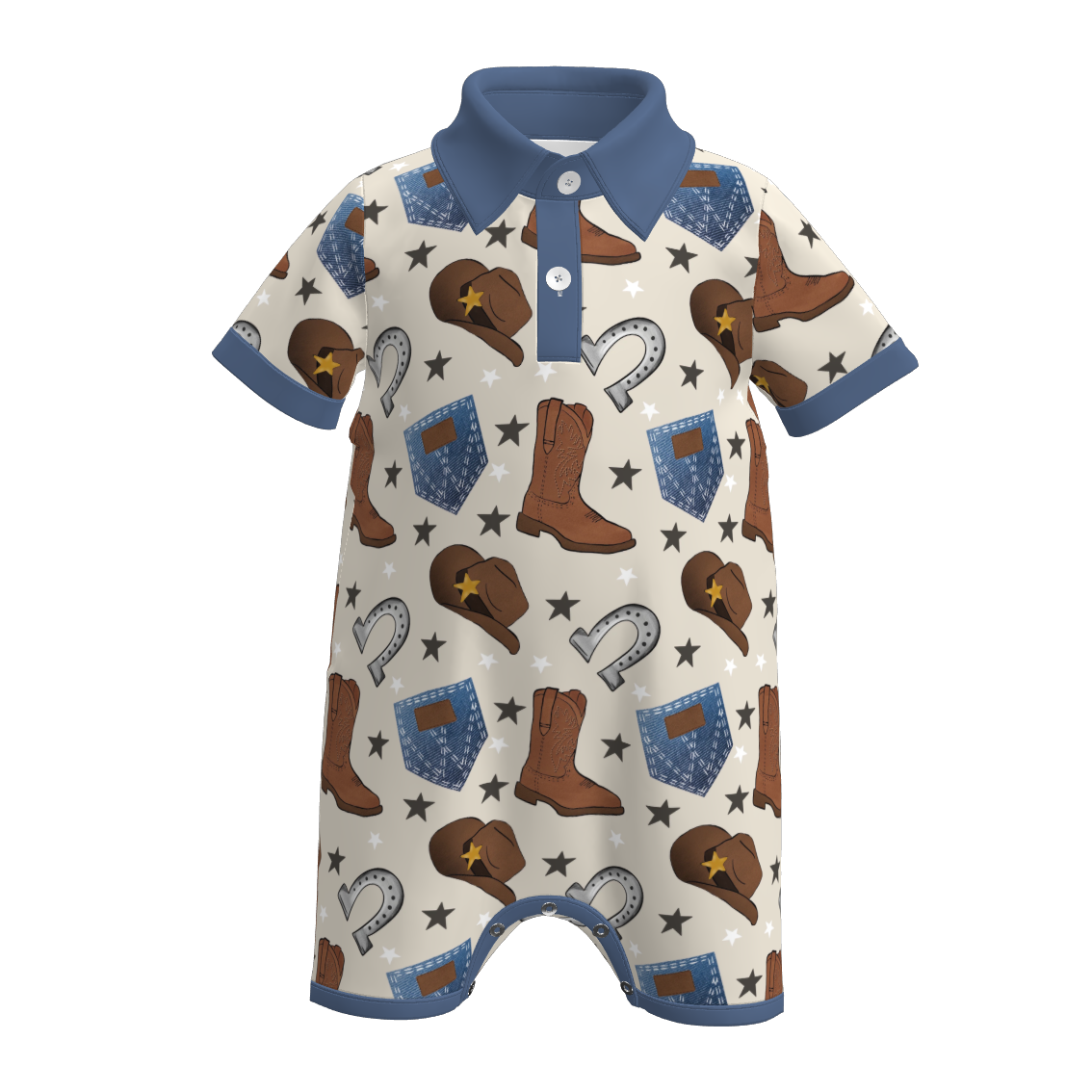 Baby Boy's Summer Boots Hat Print Blue Romper