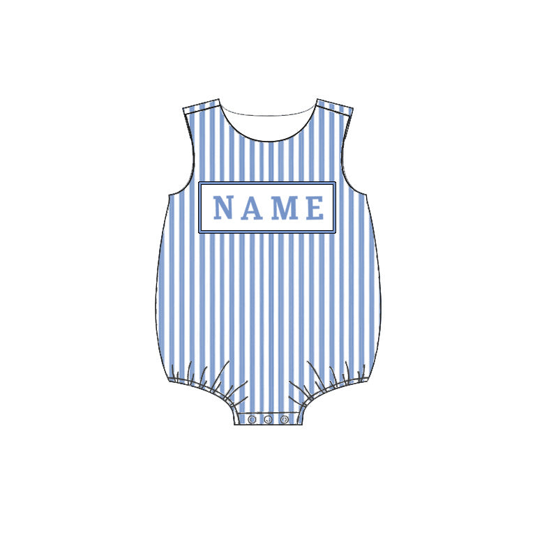 Baby Boy Summer Smocked Custom Name Blue Stripes Romper