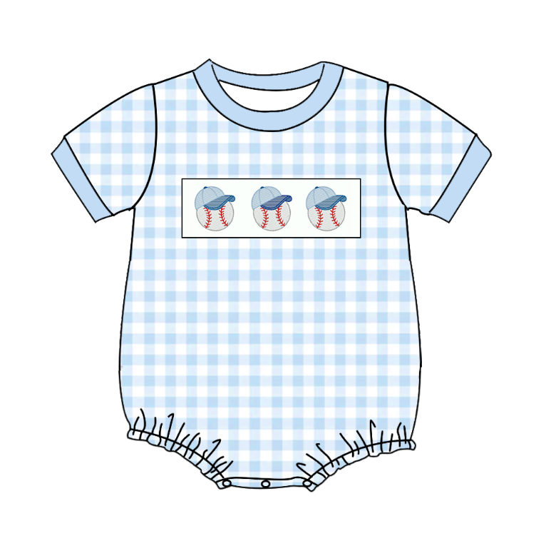 Summer Boys Brother Baseball Embroidery Blue Plaid Set And Romper