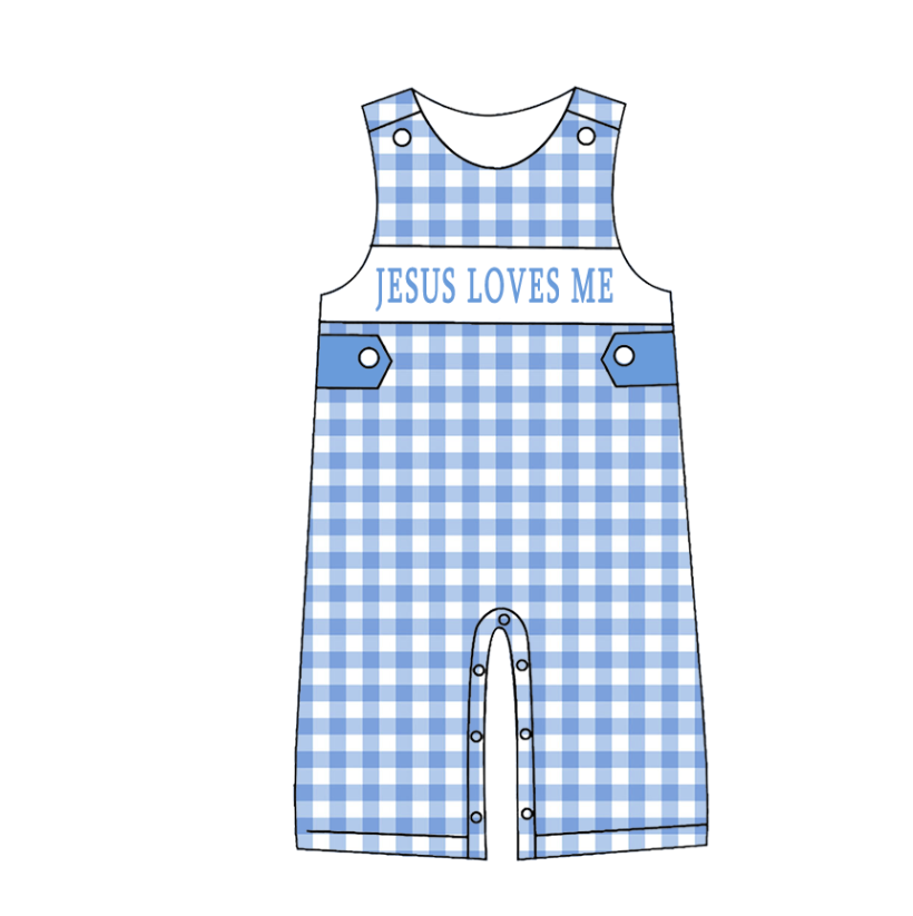 Baby Boy "JESUS LOVES ME" Blue Plaid Embroidery Romper