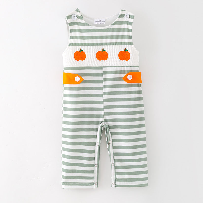 Baby Boys Halloween Stripes Pumpkin Embroidery Smock Romper