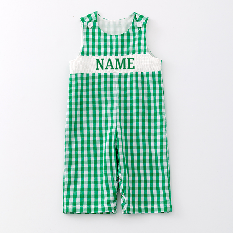 Baby Boy Summer Green Plaid Smocked Custom Name Romper