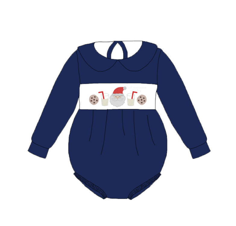 Kids Christmas Navy Red Santa Embroidered Smocked Outfits Collection